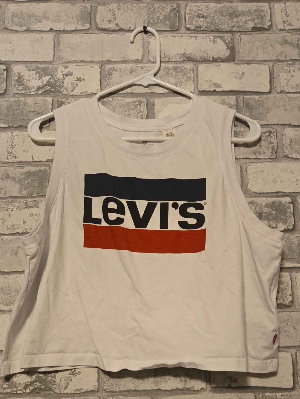 Levi's White Crop Tank with Navy and Red Logo Bars